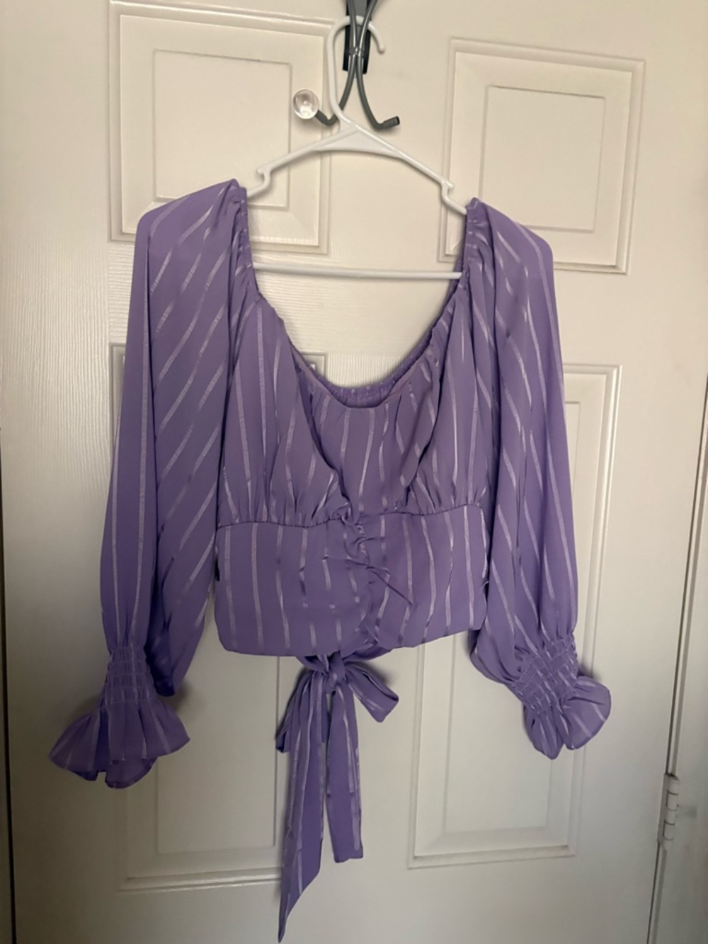 Amazon Lavender Striped Tie-Front Peasant Blouse